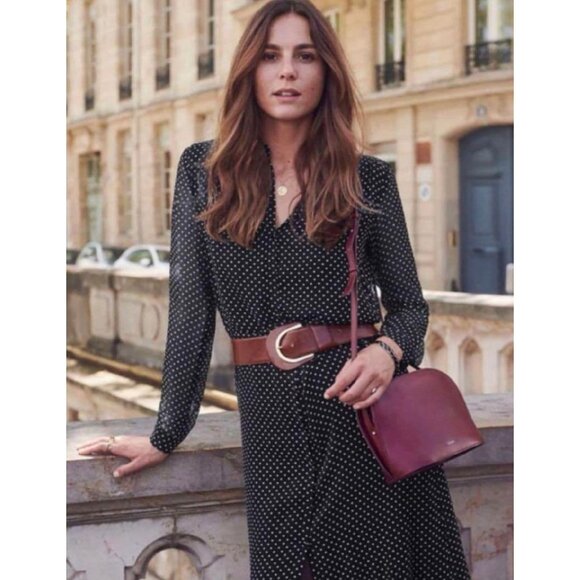 Sezane black white polka dots silk midi dress 36 US 4 - Picture 1 of 5